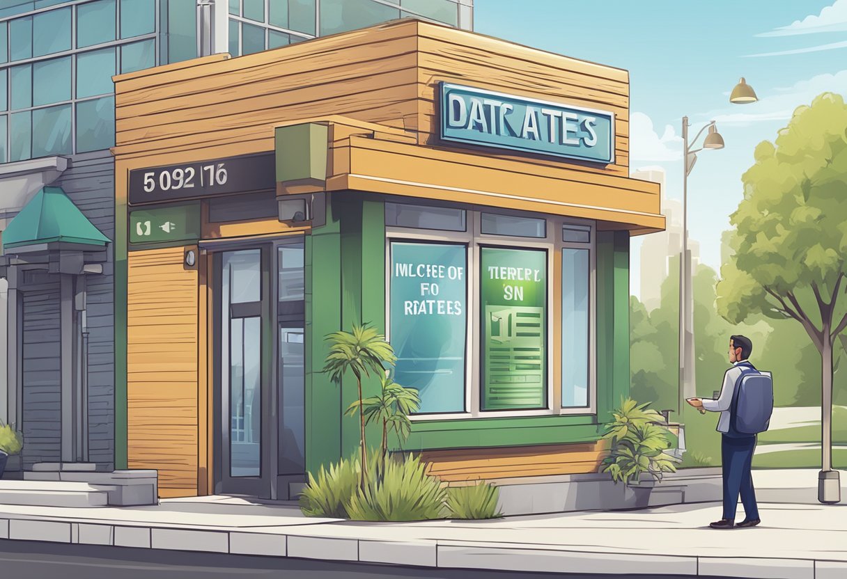 A licensed money lender advertises low interest rates on a sign outside their office