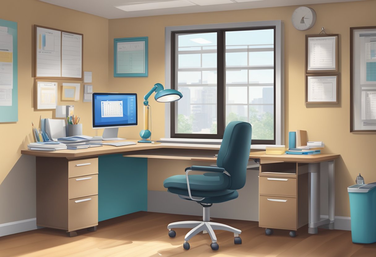 A cardiologist's office with a desk, chair, and medical equipment. A calendar on the wall shows regular appointment dates
