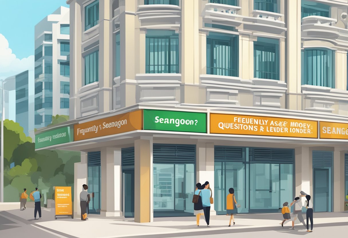A signboard outside a building with the words "Frequently Asked Questions Serangoon Money Lender" in bold letters