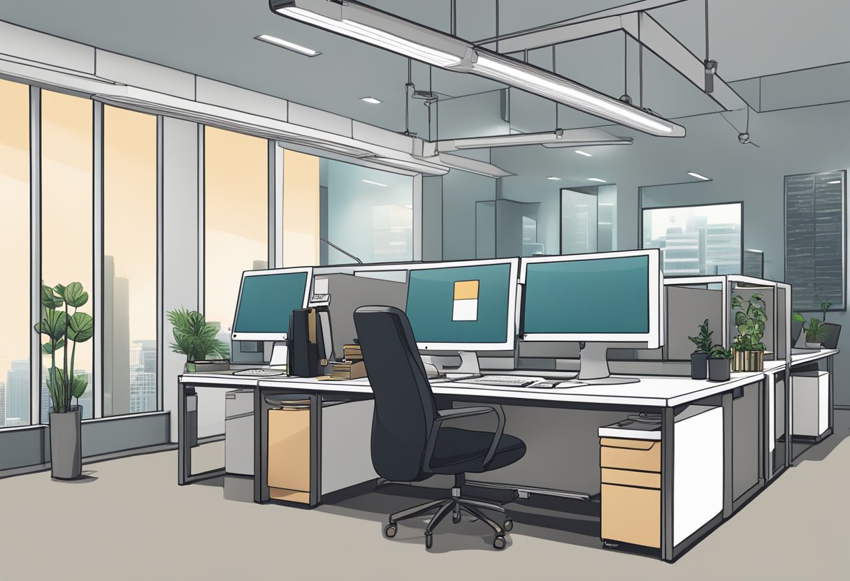A modern office space in Singapore's Crawford Lane, with a sign reading "Money Lender" and a professional looking desk setup