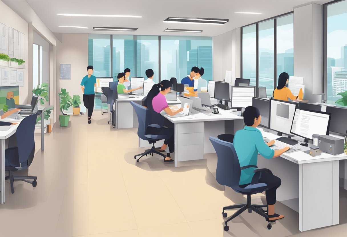 A busy office with clients filling out forms, staff processing loan applications, and a sign displaying "Licensed Money Lender Singapore Toa Payoh."