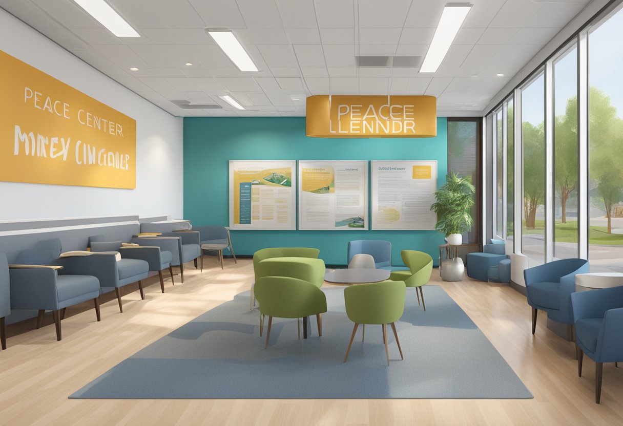 The Frequently Asked Questions peace center money lender is a modern, bright space with a welcoming atmosphere and comfortable seating. A large sign with clear, easy-to-read text is prominently displayed, and there are informational brochures available for visitors