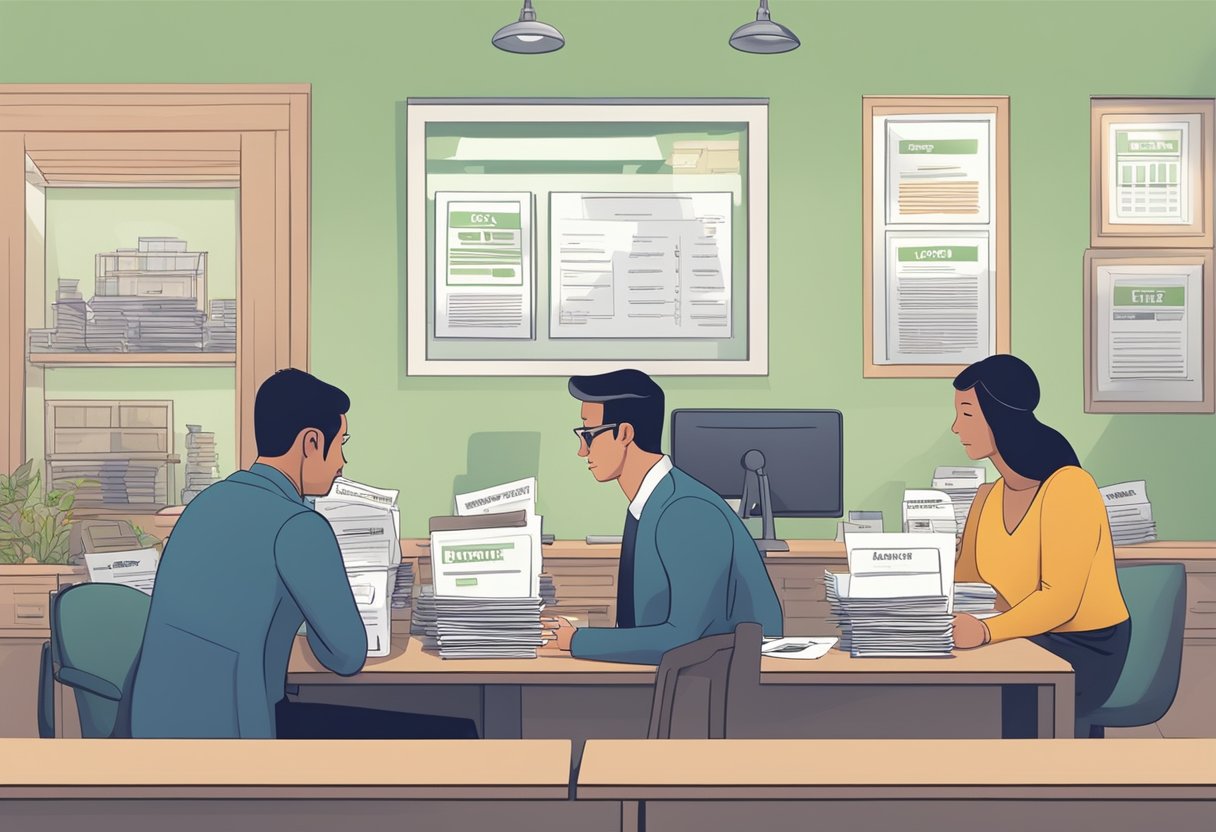 A licensed money lender sits behind a desk, with a sign displaying low interest rates. Customers wait in line, filling out paperwork