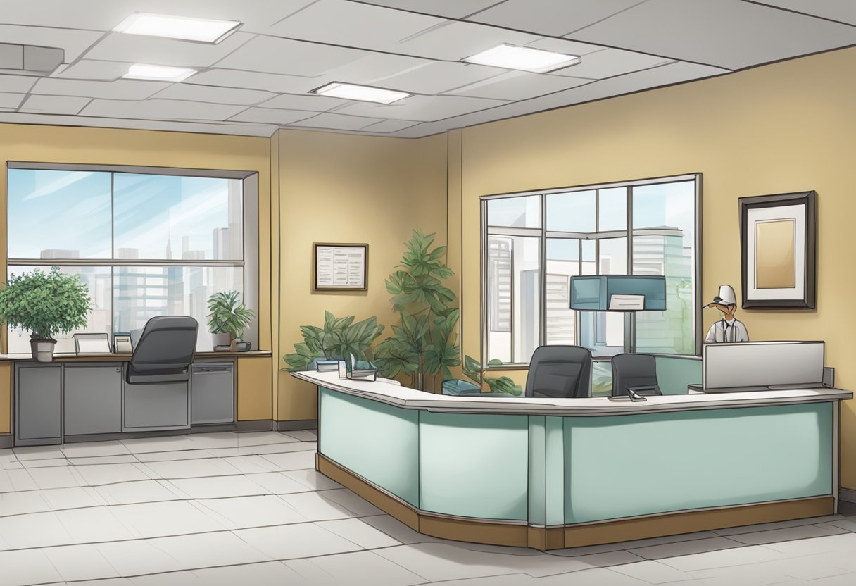 A cardiologist's office with a waiting area, reception desk, and medical equipment. A sign reads "Frequently Asked Questions: How often should you see a cardiologist?"