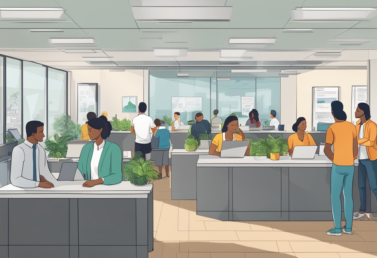 A busy office with people lining up at a counter, while a sign with "Frequently Asked Questions" is prominently displayed
