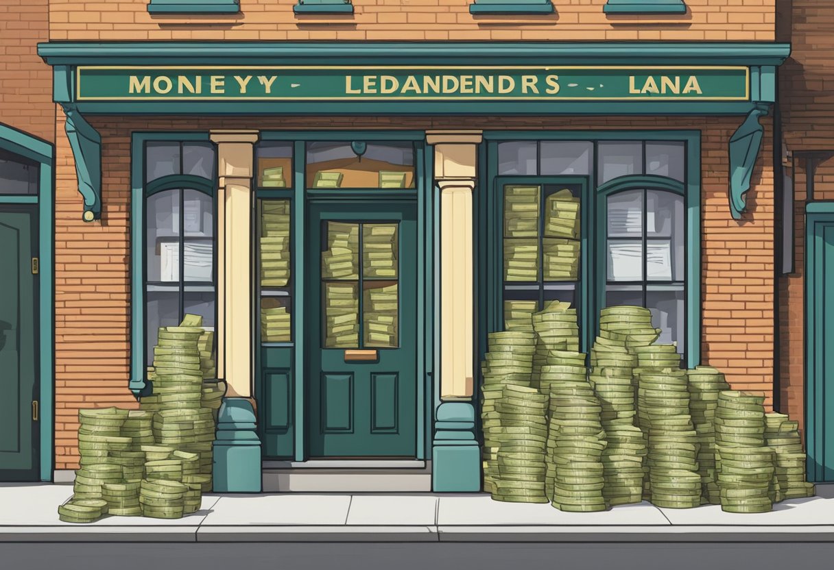 The money lender's sign hangs above the entrance to a small shop on Crawford Lane, with stacks of cash and loan documents visible through the window