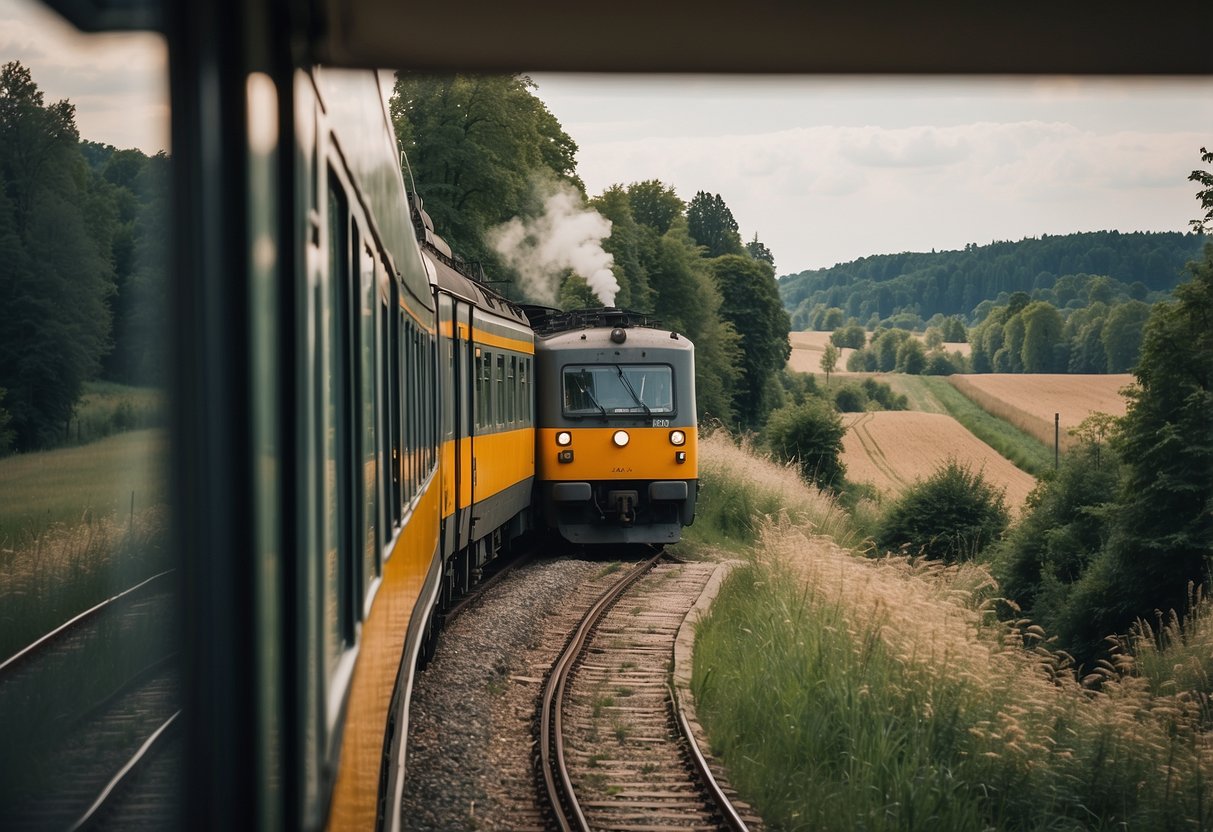 A train departing Berlin for Poland, passing through picturesque countryside and quaint villages, with travelers enjoying the scenic journey
