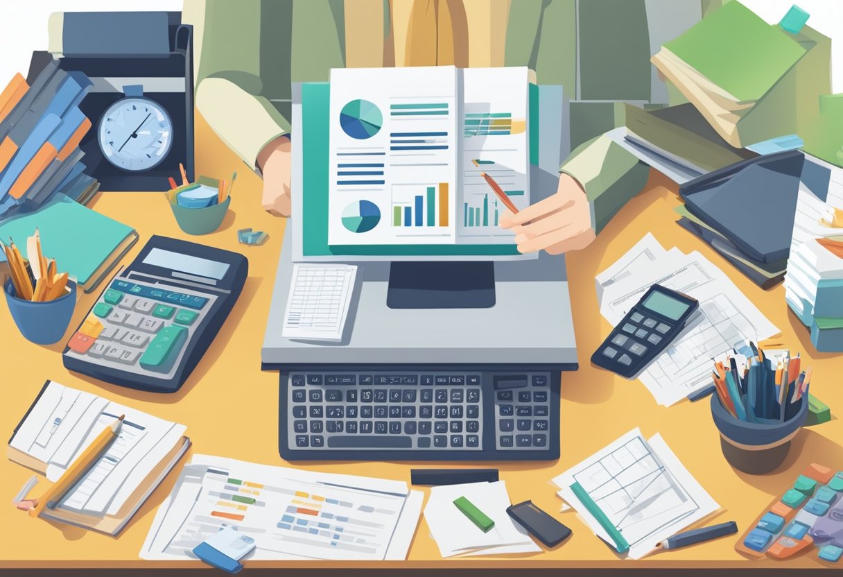 A licensed money lender in Singapore calculates monthly installments at a cluttered desk with a calculator and paperwork