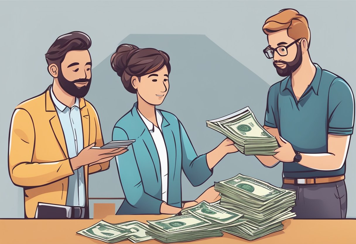 A money lender explains loan terms to a borrower, displaying clear fee and rate information. The borrower nods in understanding, ensuring fair and transparent lending practices