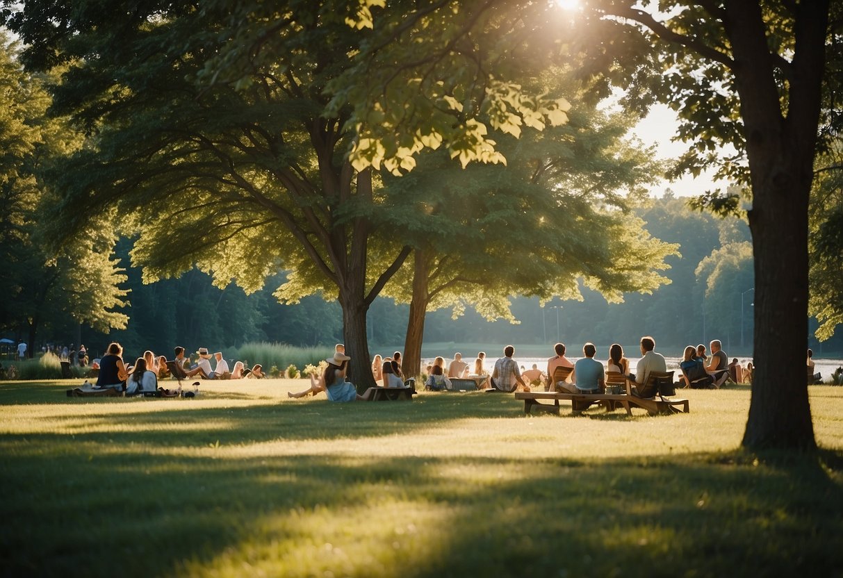 A sunny day in July, with clear blue skies and warm temperatures. Trees are lush and green, and people are seen enjoying outdoor activities