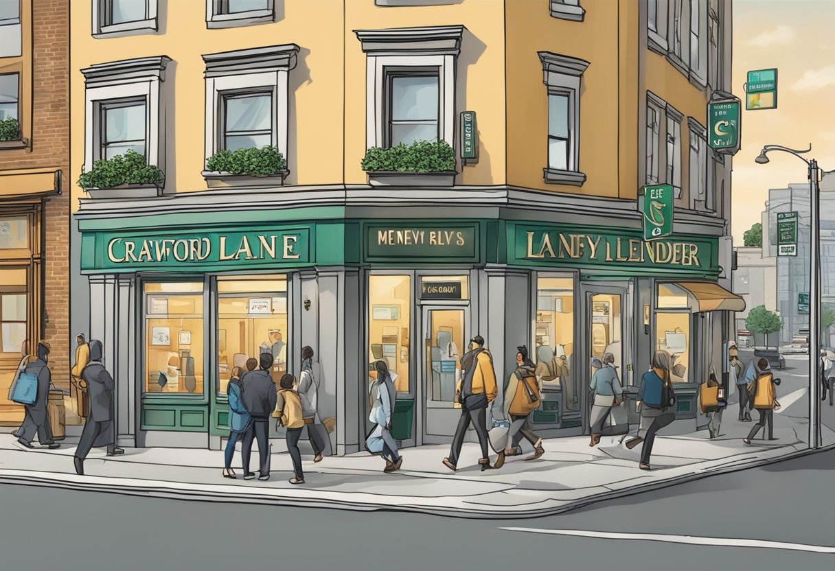 A busy street corner with a prominent sign for "Crawford Lane Money Lender," with people entering and exiting the building