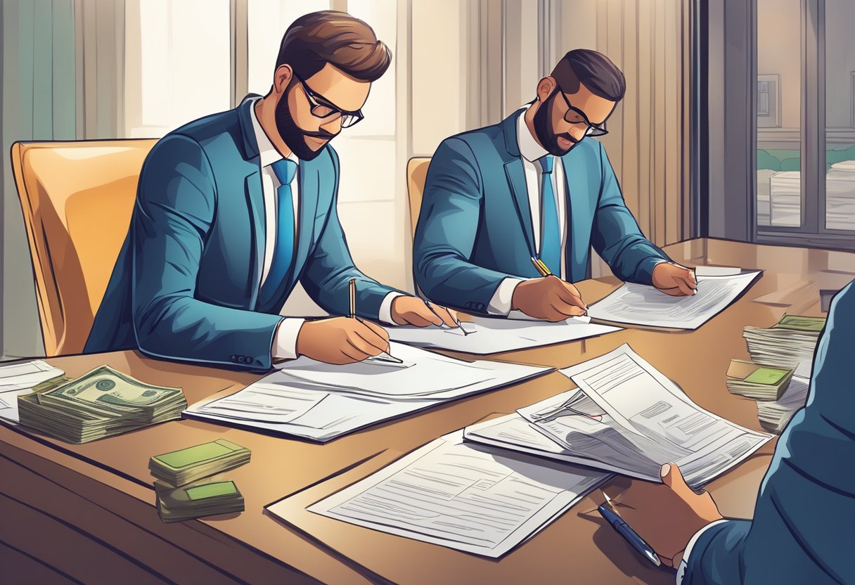 A person signing a contract with a money lender, with documents and cash on the table