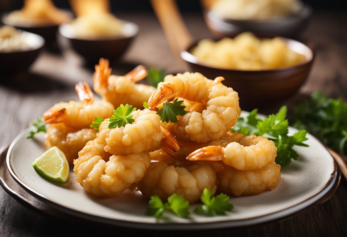 Golden-brown tempura prawns sizzling in hot oil. Bubbling and crispy, with a light, airy coating