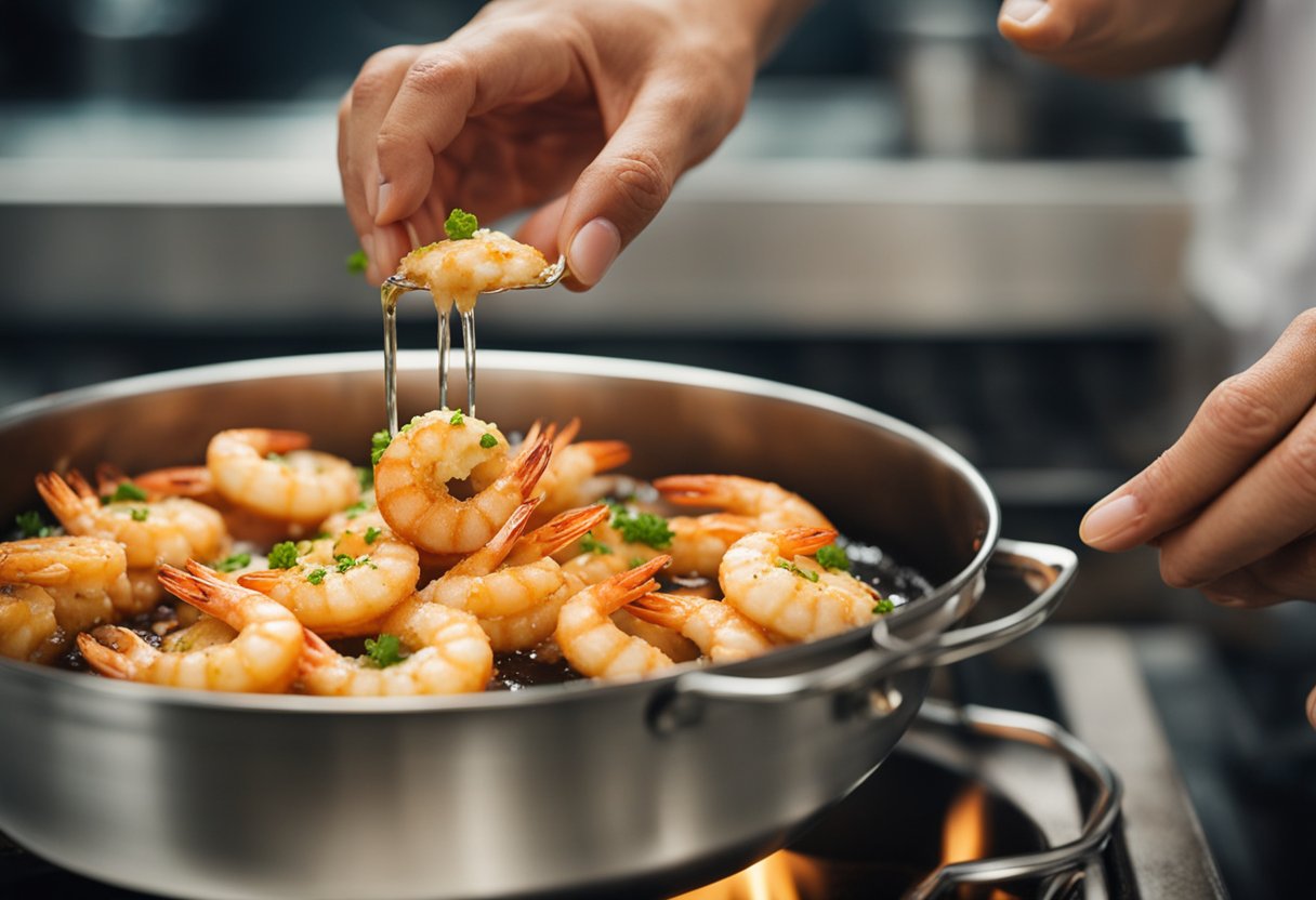 Prawns being dipped in batter, then placed in sizzling oil