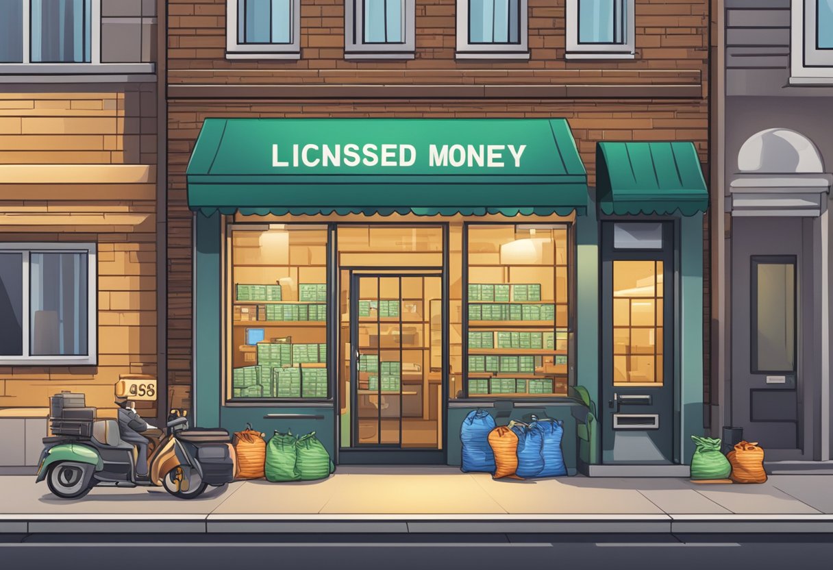 A sign displaying "Licensed Money Lender with Lowest Rate" hangs outside a storefront, surrounded by stacks of coins and money bags