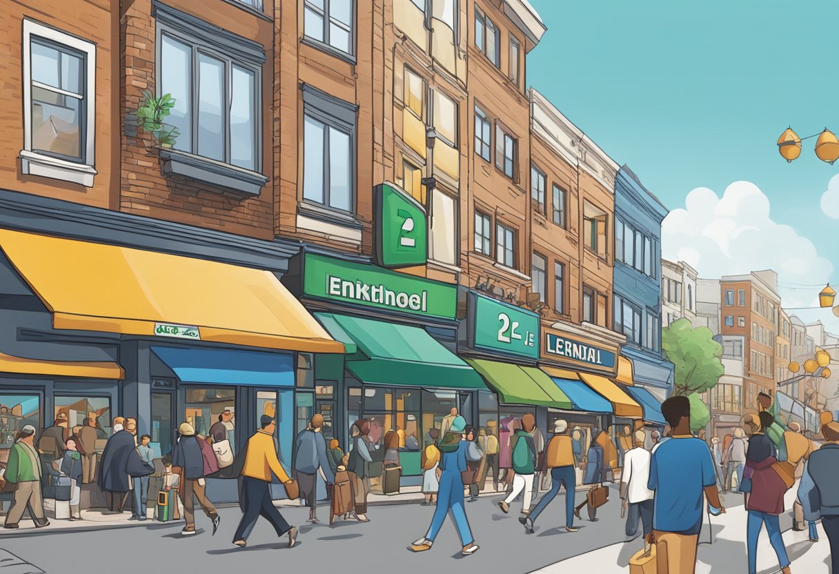 An e2 enterprise money lender sign hangs above a busy street, surrounded by bustling shops and people