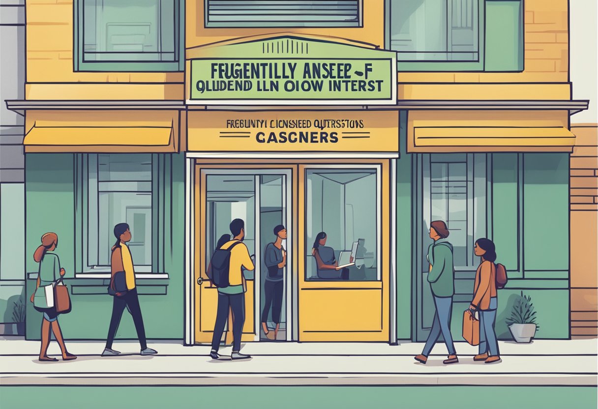A sign outside a building reads "Frequently Asked Questions: Licensed Money Lender with Low Interest." Customers enter and exit the office, while a line of people waits outside
