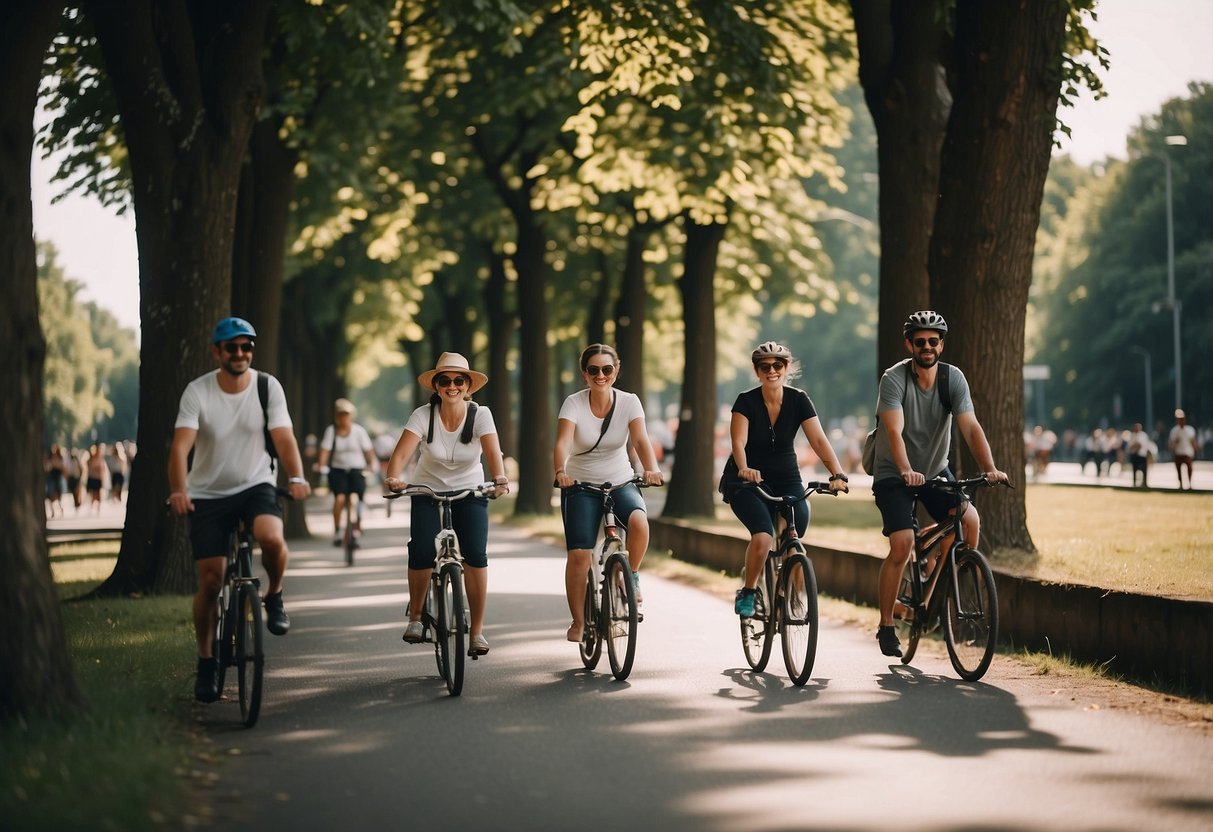 Sunny Berlin in July, people cycling, walking, and picnicking in parks. Light clothing, sunglasses, hats, and sunscreen essential