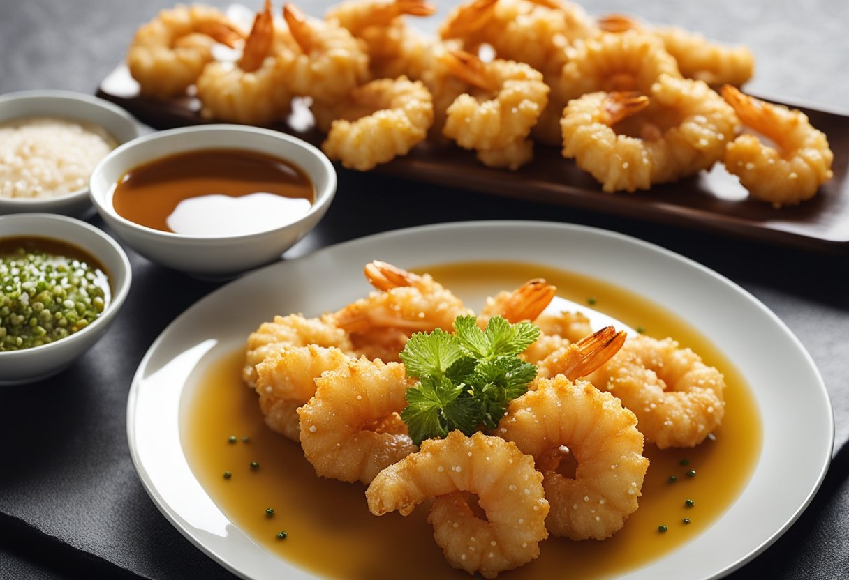 Golden tempura prawns arranged on a plate with a side of dipping sauce. Steam rising, crispy coating, and garnished with sesame seeds