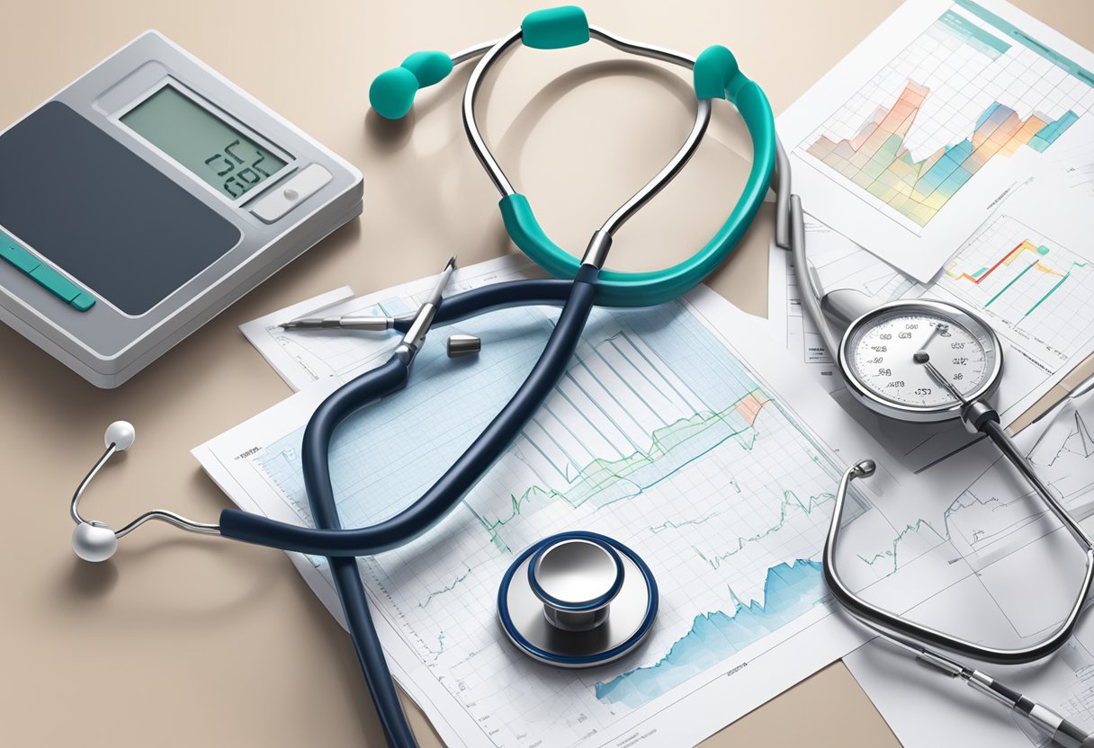 A stethoscope resting on a desk next to a stack of medical charts and a heart rate monitor