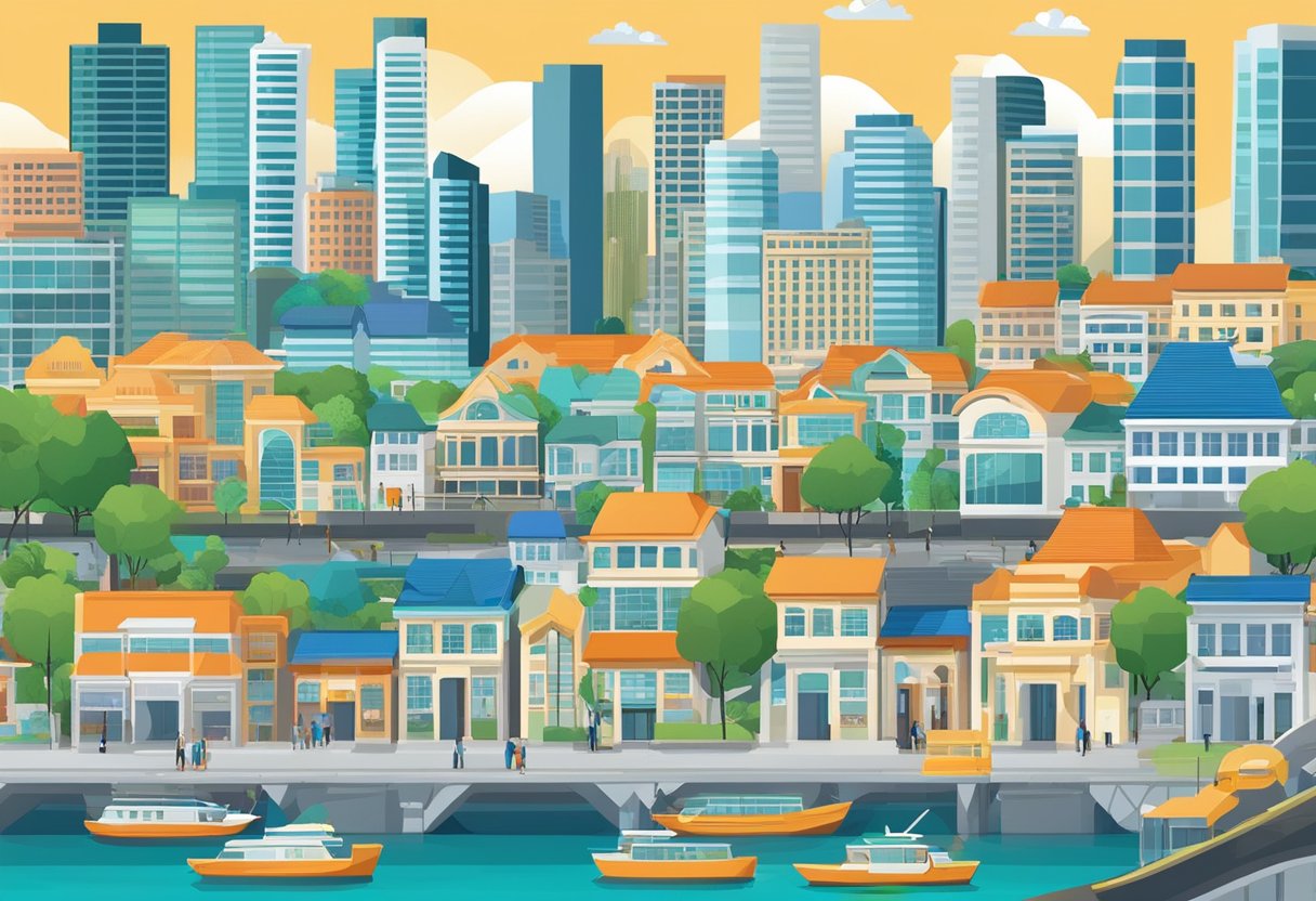 A bustling cityscape with modern buildings and financial institutions, including e2 enterprise money lender, showcasing the diverse money lending landscape in Singapore