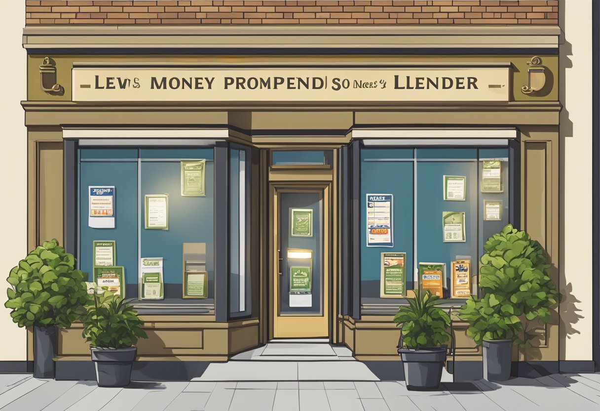 A licensed money lender's sign hangs above a storefront, with the words "lowest rate" prominently displayed. The exterior is clean and professional, with a welcoming atmosphere