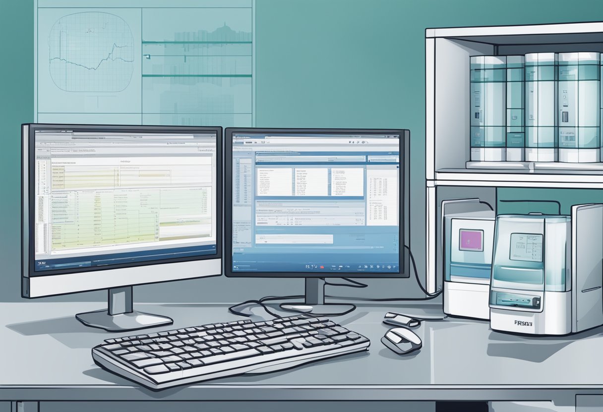 A laboratory setting with a high-sensitivity cardiac troponin test kit and a computer displaying clinical data