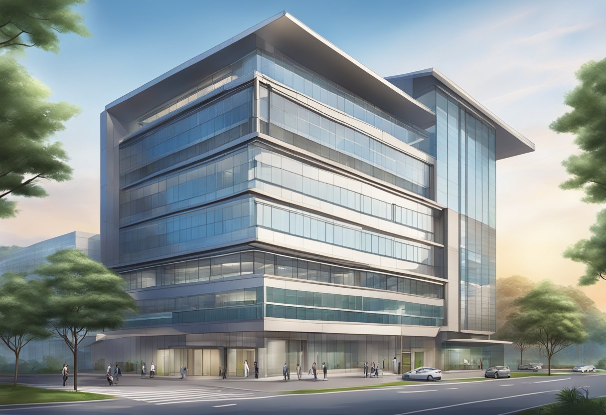 A modern hospital building with sleek architecture and a prominent sign reading "Asian Heart & Vascular Centre."