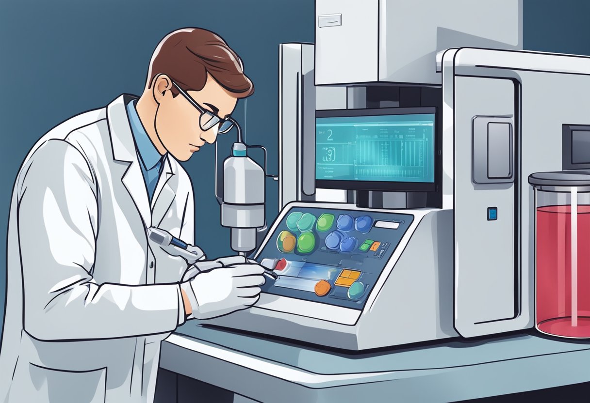 A laboratory technician carefully places a blood sample into a high-tech cardiac troponin testing machine, with focused concentration