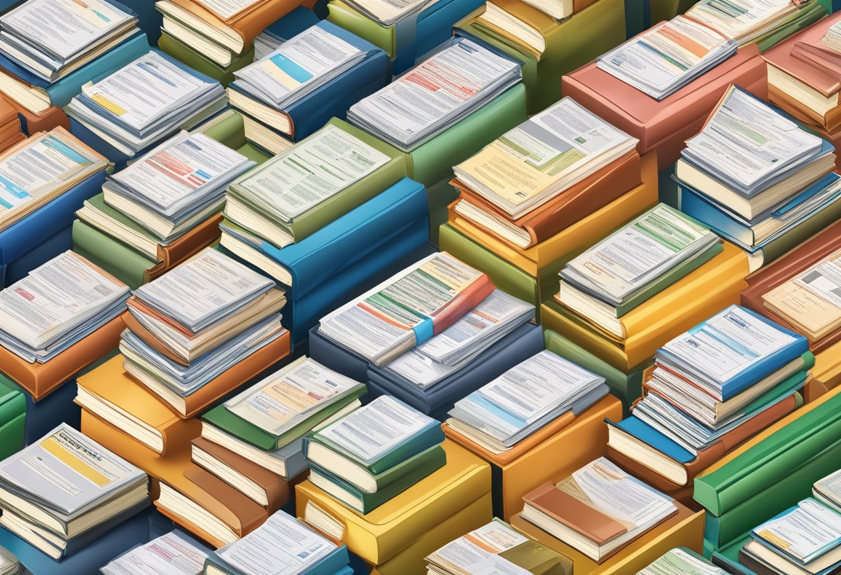 A stack of financial directory books surrounded by various loan advertisements