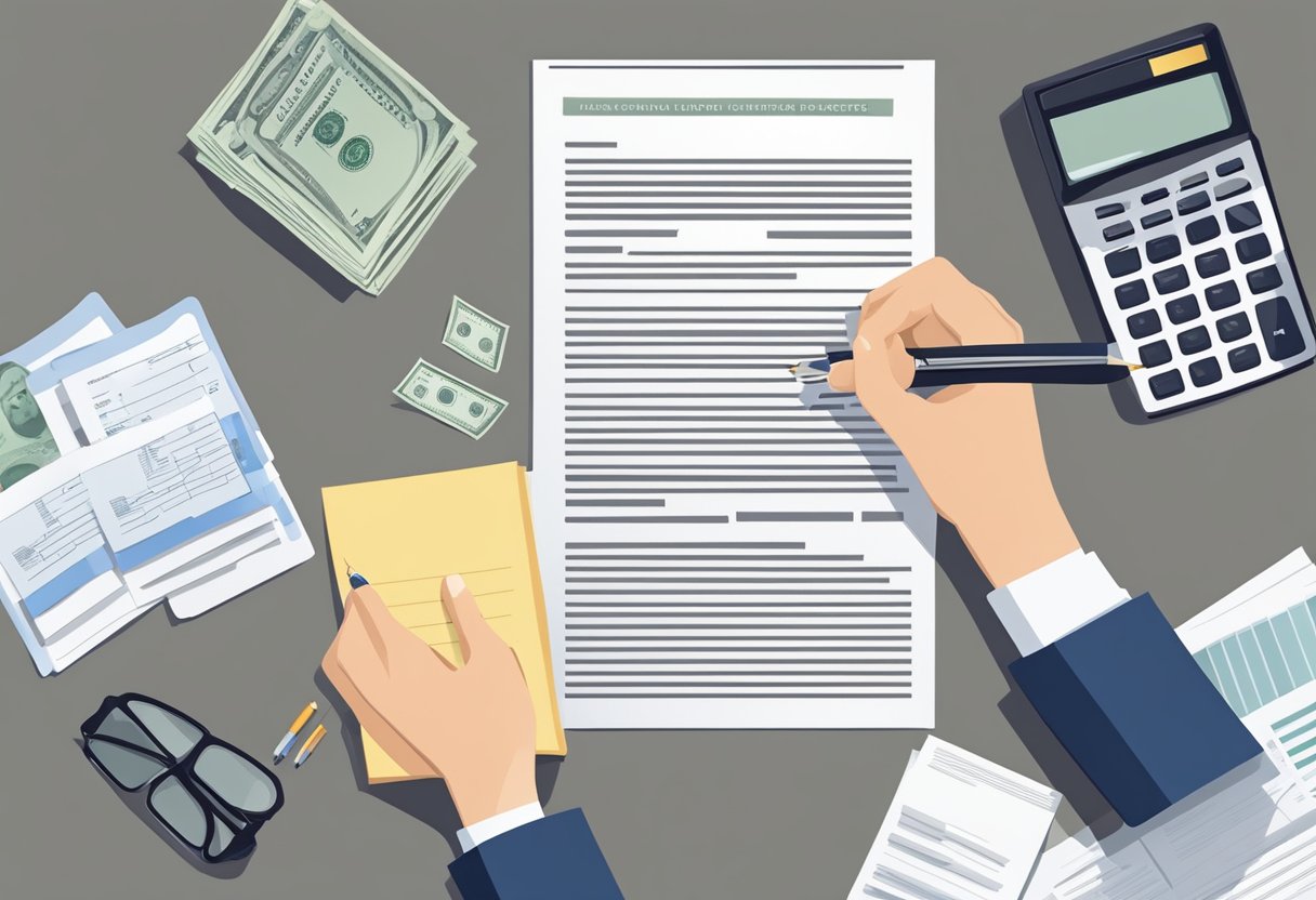 A person signing a contract with a money lender, surrounded by legal documents and financial statements