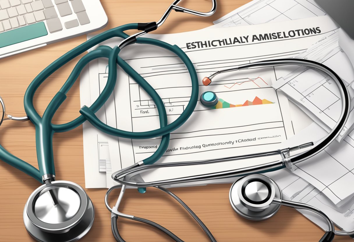 A stethoscope and heart rate monitor sit on a desk with a stack of papers labeled "Frequently Asked Questions ctn cardiology."