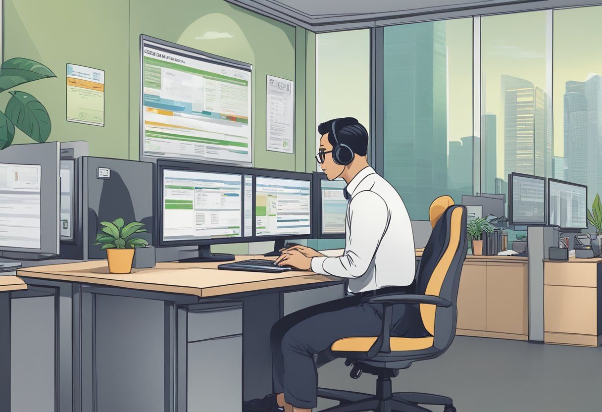 A customer service representative answers queries at a licensed money lender's office in Singapore. The FAQ section is prominently displayed, and the atmosphere is professional yet welcoming