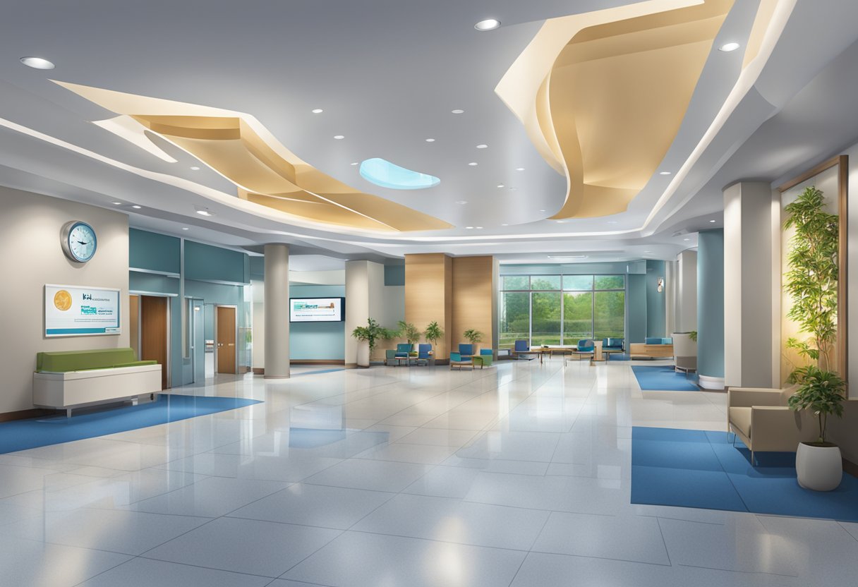 A modern hospital lobby with Asian heart & vascular center signage, state-of-the-art equipment, and a calm, professional atmosphere