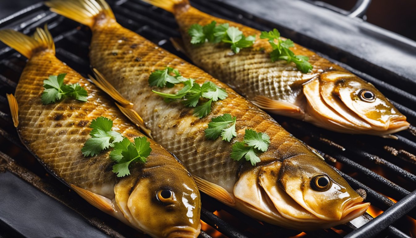 The tenggiri fish is being marinated in a mixture of spices and herbs, then placed on a hot grill to cook. The aroma of sizzling fish fills the air as it turns golden brown