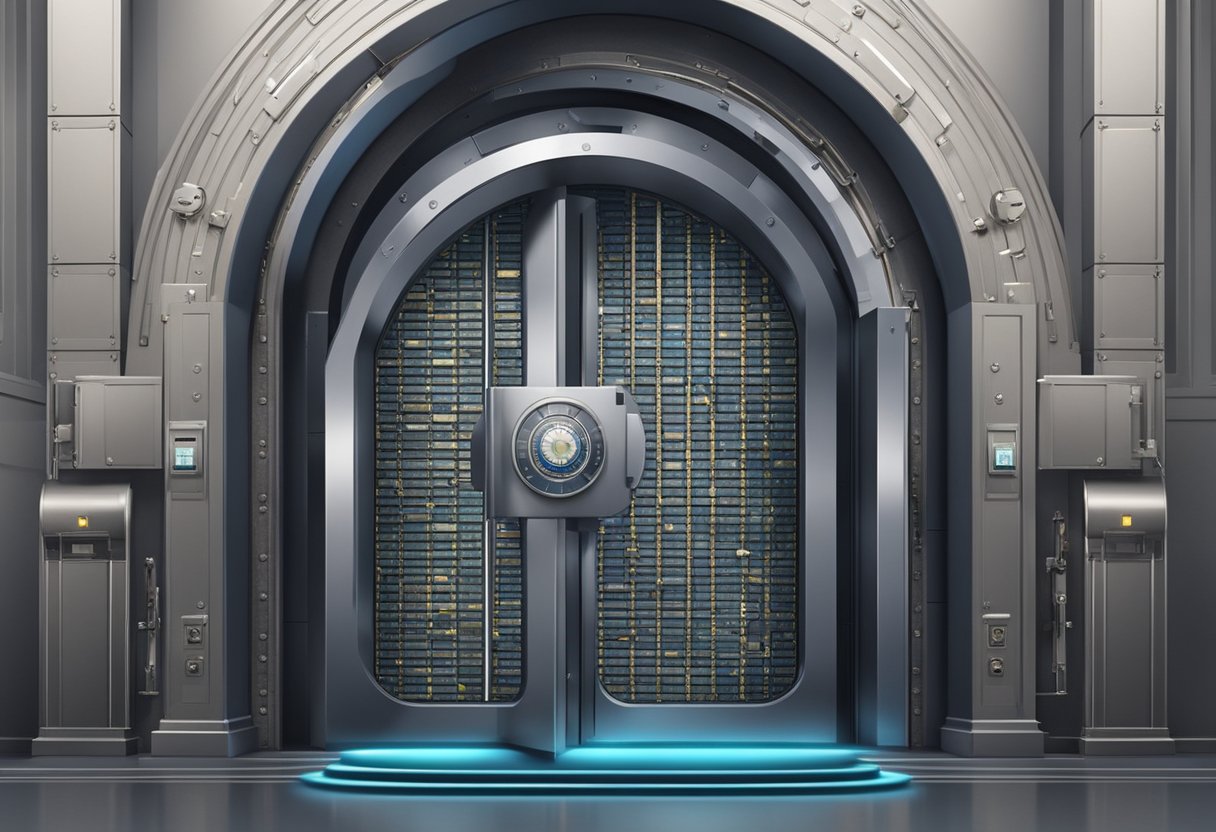 A secure vault with a large, imposing door, surrounded by high-tech security systems and armed guards, symbolizing the protection of financial assets