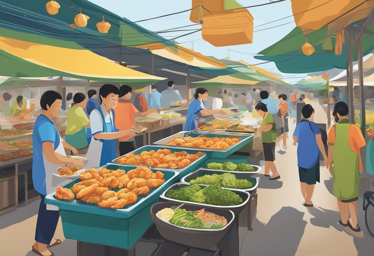 The bustling Tan Jetty market showcases prawn fritters and loh bak, enticing visitors with savory aromas and vibrant displays