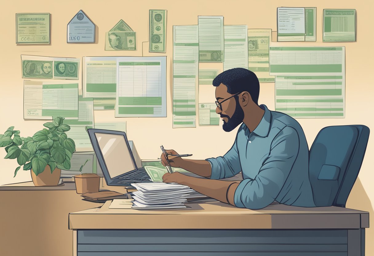 A person sits at a desk, comparing various licensed moneylenders' interest rates. A sign on the wall reads "Choosing the Right Moneylender."