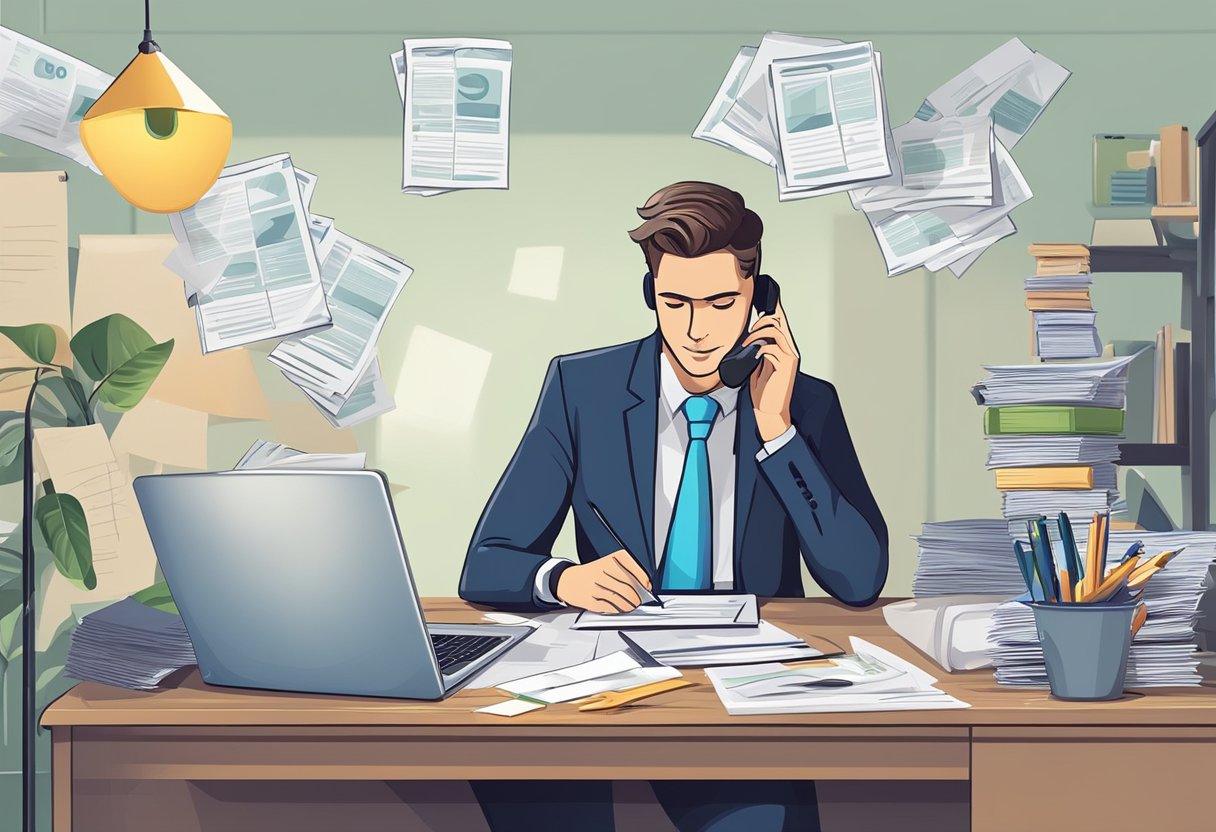 A person sitting at a desk with a laptop, surrounded by papers and documents, while talking on the phone with a money lender
