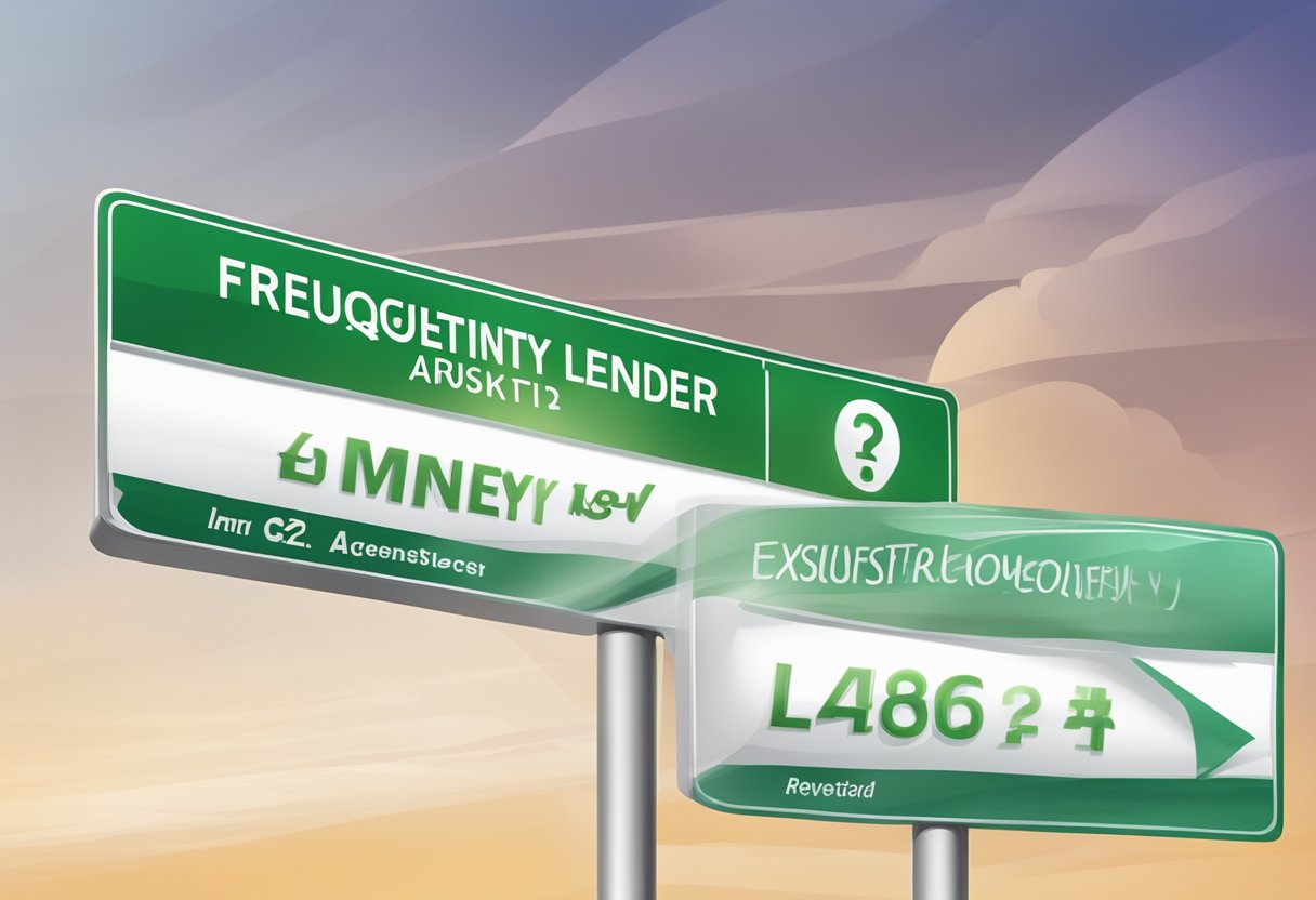 A sign with "Frequently Asked Questions" and "e2 enterprise money lender" displayed prominently