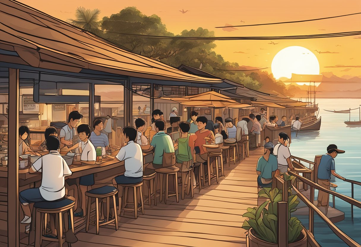 The sun sets behind a bustling tan jetty, where sizzling prawn fritters and loh bak are served. Customers line up eagerly, while the savory aroma fills the air