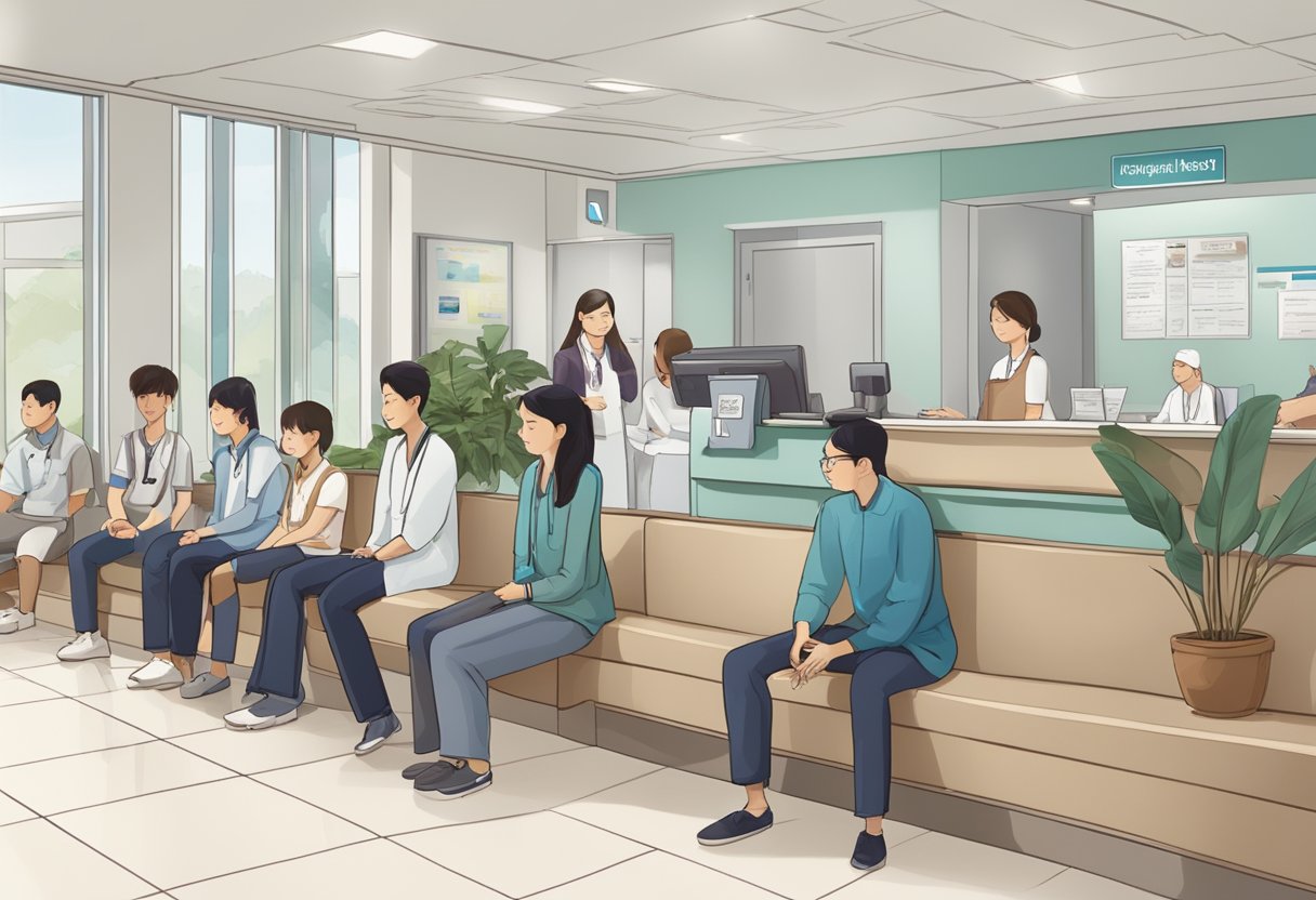 A crowded waiting room with diverse patients, a receptionist at the front desk, and a large sign that reads "Frequently Asked Questions asian heart & vascular centre."