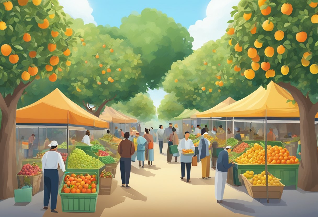 A bustling orchard with a money lender's stall at its center. Fruit trees line the pathways as customers come and go, exchanging money for goods
