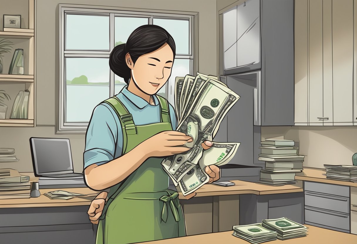 A foreign domestic worker receives money from licensed money lenders, following borrowing regulations