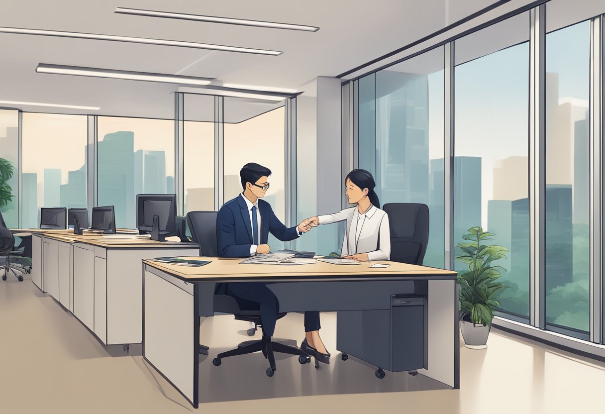 A well-dressed individual receiving cash from a professional money lender in a sleek office setting at Midpoint Orchard in Singapore