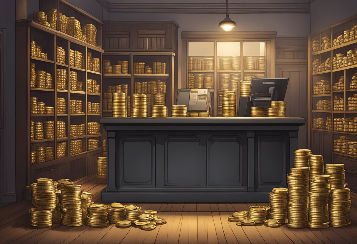 A small, dimly lit money lender's shop with a heavy wooden desk, stacks of coins, and a large safe in the corner