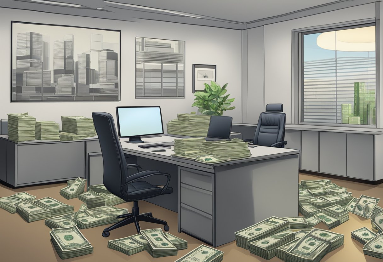 A sleek office with a large desk, computer, and stacks of cash. A sign on the wall reads "TS Company Money Lender."