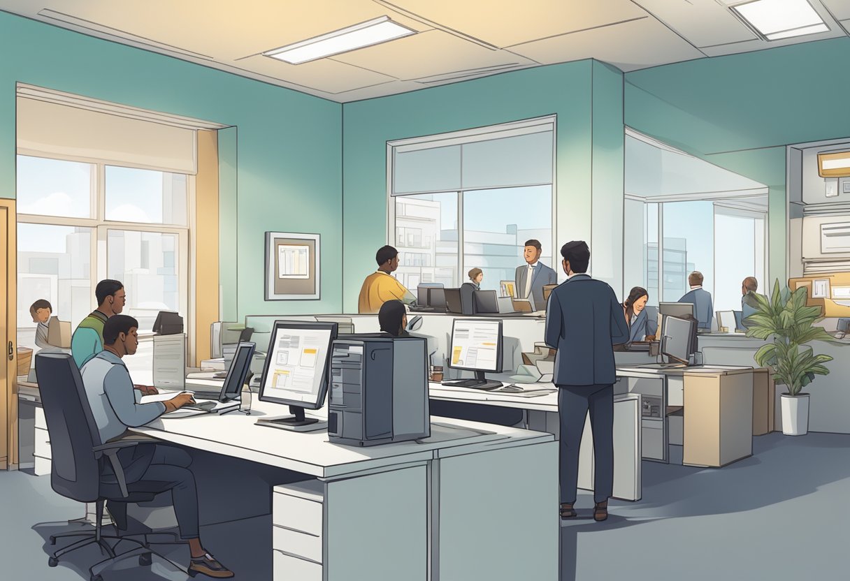 A busy office with a large desk, computer, and paperwork. A sign reads "Loan Services at Midpoint Orchard." Customers wait in line