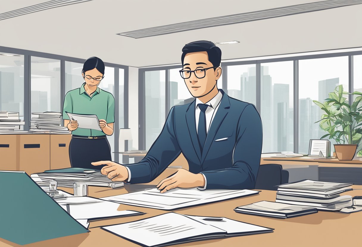 A money lender in Singapore explains loan terms to a borrower in a professional office setting. The lender gestures towards a document while the borrower listens attentively