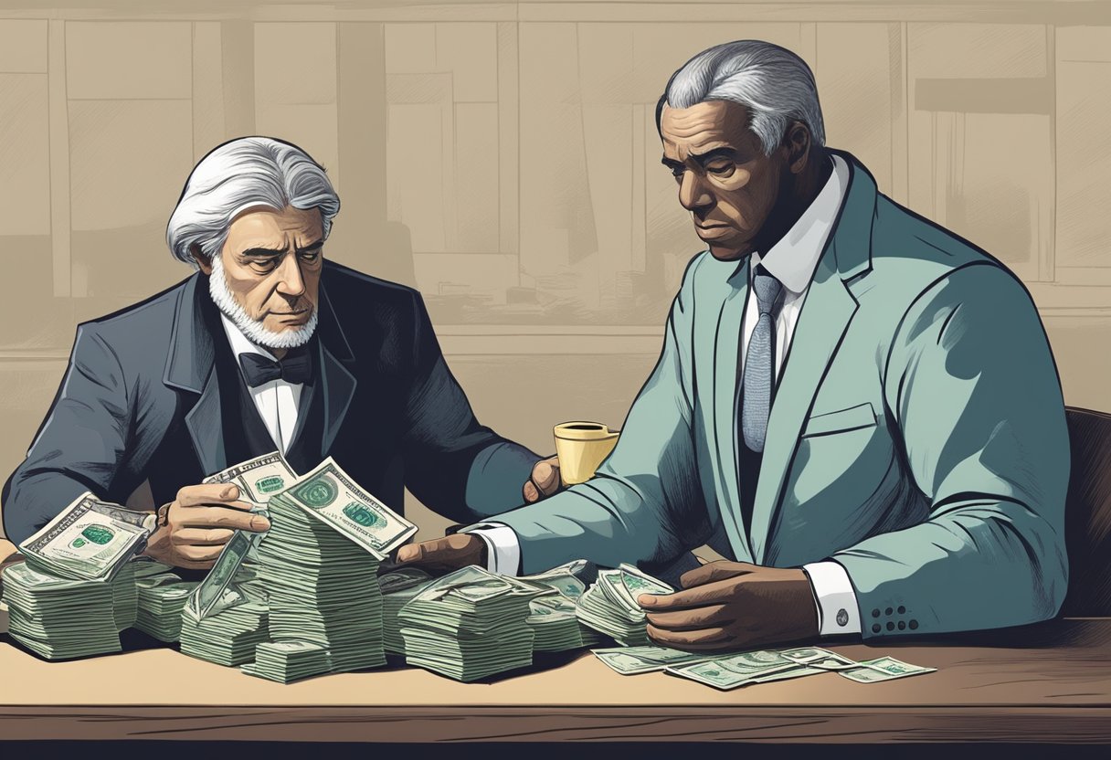 A shady figure counts cash while a desperate borrower looks on nervously. A contract with exorbitant interest rates sits on the table
